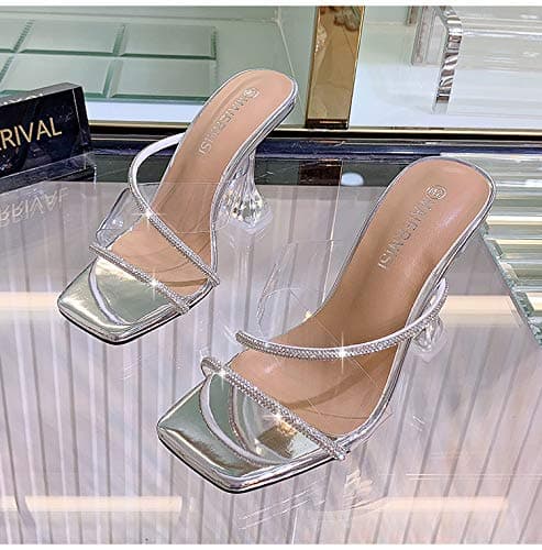 Richealnana Women's Clear Strap Rhinestone Square Toe Sandal Mules