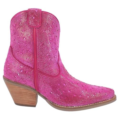 Dingo Women's Black Rhinestone Cowgirl Ankle Boots Mid Heel Zipper Casual — Fuchsia