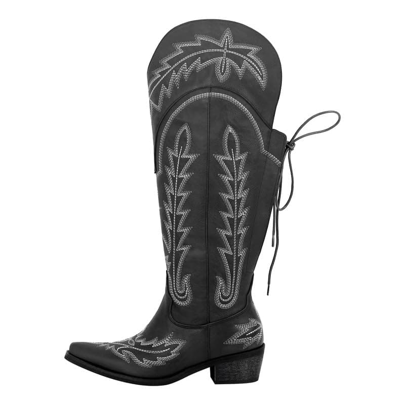 Western Cowboy Boots for Women Embroidered Thigh-High Cowgirl Style — Black-knee High