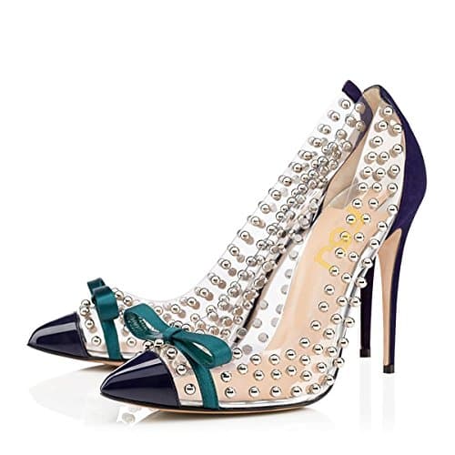 FSJ Women's Studded Pointed Toe Transparent High Heels with Bowknot US 4-15 M — Navy