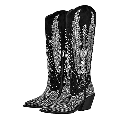Richеalninni Sparkle Rhinestone Cowboy Boots for Women — Black Wings