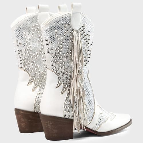 Western Women's Pointed Toe Rhinestone Ankle Boots with Tassels