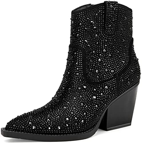 OOHRHN Women's Glitter Rhinestone Cowboy Booties Chunky Heel Pearl Detail — Black Stone