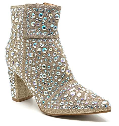 Forever Women's Rhinestone Glitter Ankle Booties — Champagne Glitter