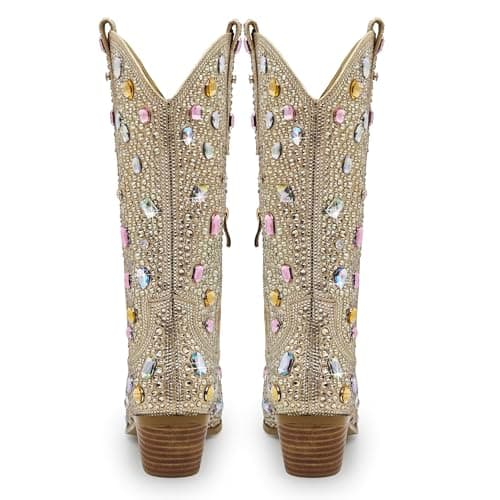 Sparkle Rhinestone Cowboy Boots for Women Western Mid Calf Glitter Pull-on Zipper Boots