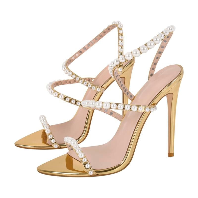LISHAN Women's Pearl Stiletto Heel Ankle Strap Buckle Prom Shoe — Gold Pearl