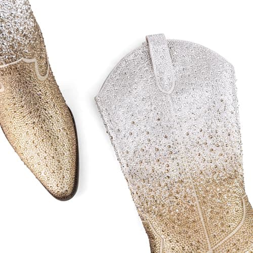 MISSMILLER Women's Rhinestone Mid Calf Sparkly Pointed Toe Cowgirl Boots with Pull-On Tabs