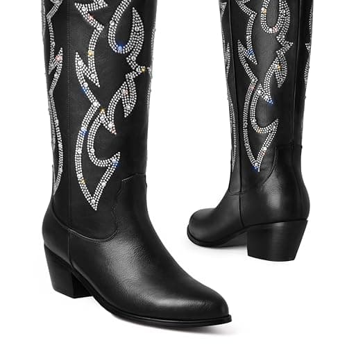 Ouepiano Women's Knee High Embroidered Cowboy Boots
