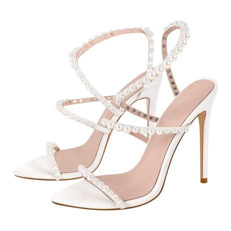 LISHAN Women's Pearl Stiletto Heel Ankle Strap Buckle Prom Shoe — White Pearl
