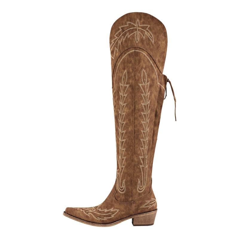 Western Cowboy Boots for Women Embroidered Thigh-High Cowgirl Style — Brown 2