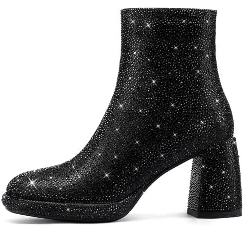 FINDVELL Chunky Heeled Sparkly Rhinestone Wedding Booties Glitter Ankle Shoes — Black