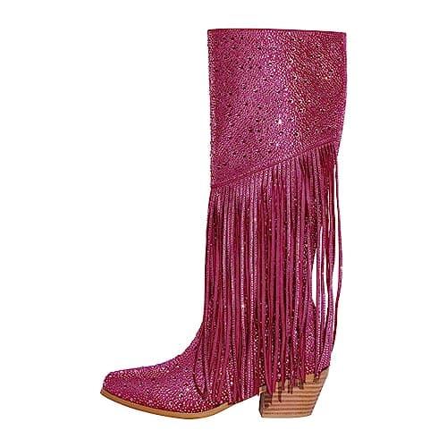 Women's Sparkle Rhinestone Clear Gems Calf High Boots — Tassel Fushia
