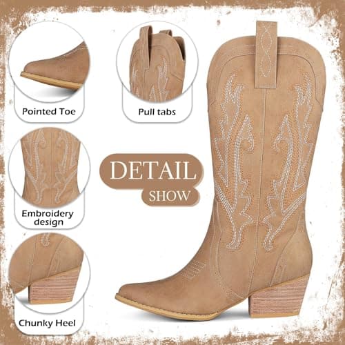 FemFlame Women's Pointed Toe Mid Calf Cowboy Boots