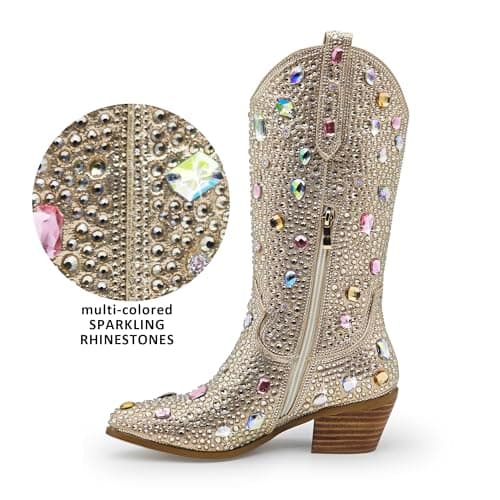 Sparkle Rhinestone Cowboy Boots for Women Western Mid Calf Glitter Pull-on Zipper Boots