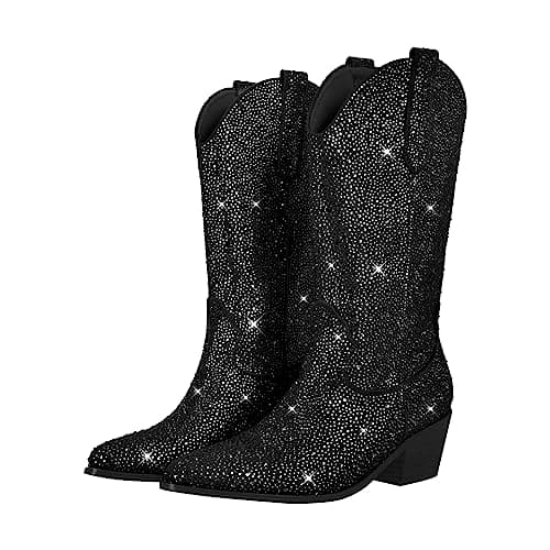 Richealnana Women's Rhinestone Slip-On Block Heel Boots — Black