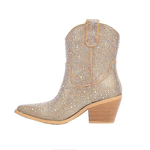 Vivianly Women's Mid-Calf Glitter Rhinestone Cowboy Boots
