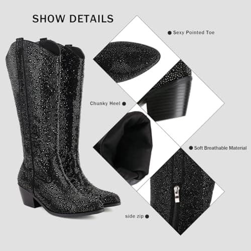 XEYANFYS Women's Sparkly Rhinestone Western Mid Calf Boots