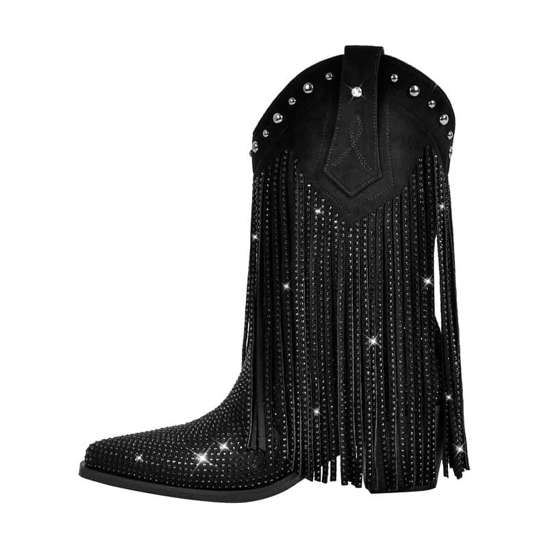 Sexytag Women's Sparkly Fringe Cowgirl Western Mid-Calf Boots — Black