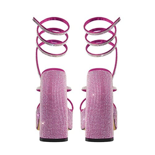 Richealnana Women's Chunky Block Heel Rhinestone Straps Sandals
