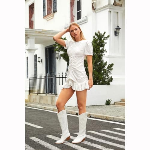 Erocalli White Embroidered Cowboy Boot for Women Knee High Heeled Pull-On