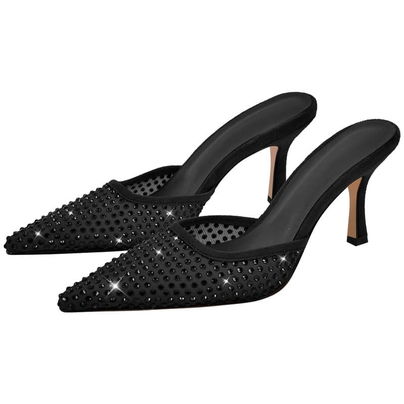 Richealnana Women's Pointed Toe Bow Mule Sandals for Party and Weddings — Black-d