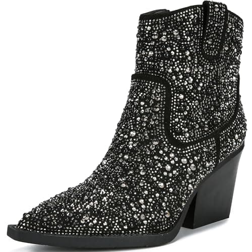 TPBKGVUW Women's Sparkly Rhinestone Knee High Cowgirl Boots — Black&pearl Rhinestone