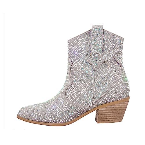 Atuelang Women's Sparkly Rhinestone Knee High Cowboy Boots — Silver-ankle