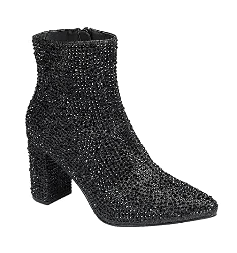 ABSOLEX Women's Pointed Toe Rhinestone Ankle Booties Heel