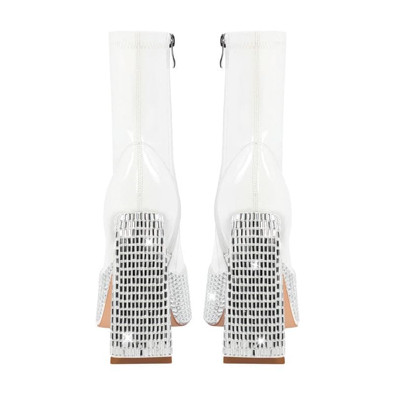 Richealnana Women's Ankle Booties Mid Calf Patent Leather Rhinestones Heels