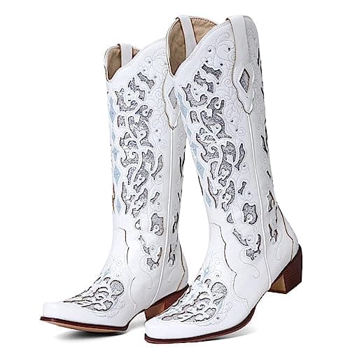 SaraIris Black Cowgirl Booties for Women Knee High Rhinestones — 1 White
