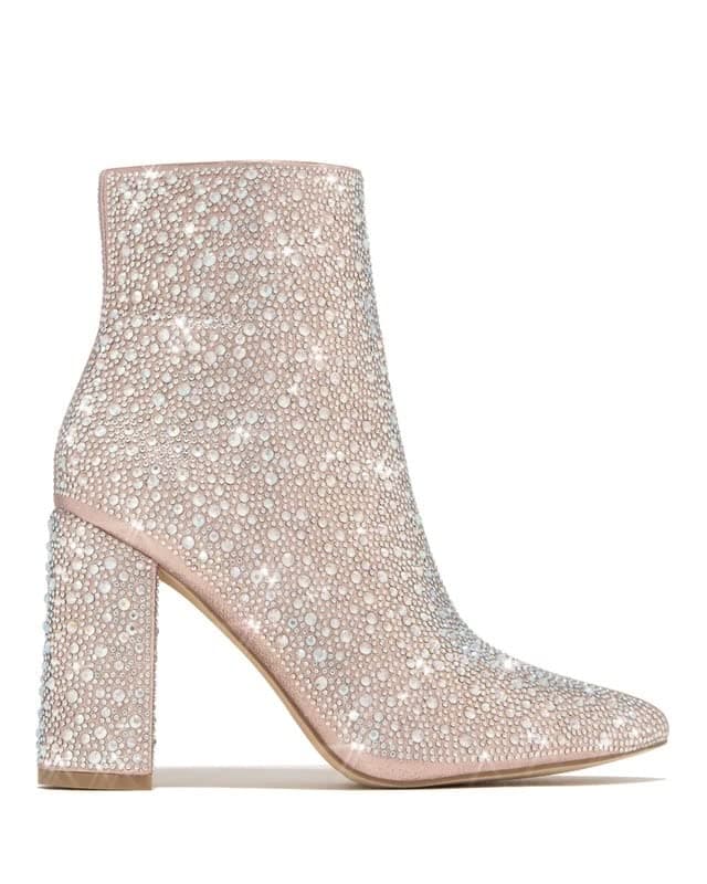 PAZZLE Women's Rhinestone Block Heel Short Knee High Booties Runway-01 — Champagne