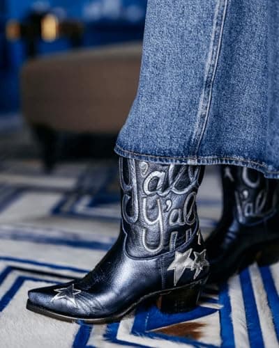 HOCHFART Women's Mid-Calf Metallic Cowboy BootsFashion Embroidery Pull-On