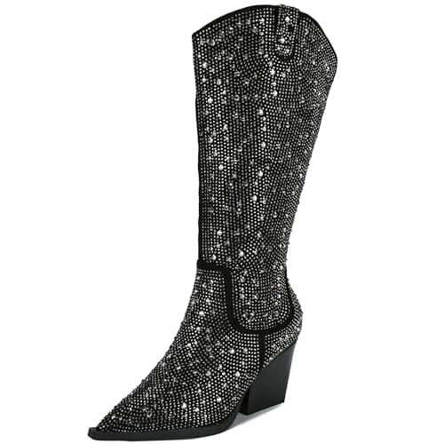 TPBKGVUW Women's Sparkly Rhinestone Knee High Cowgirl Boots — Black Rhinestone