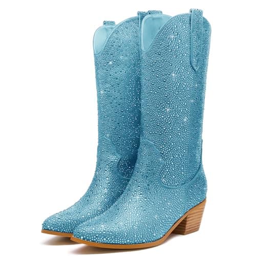 Sparkle Rhinestone Cowboy Boots for Women Western Mid Calf Glitter Pull-on Zipper Boots — Teal