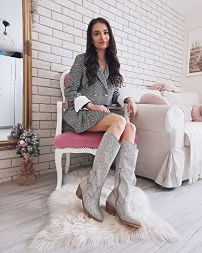 Richealnana Sparkly Rhinestone Calf High Boots for Women
