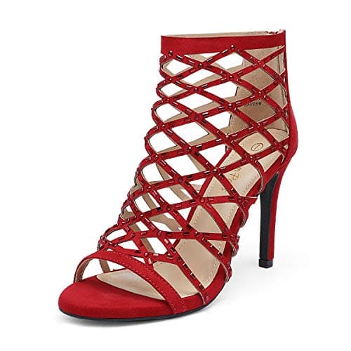 Dream Pairs Women's Rhinestone Ankle Strap Stiletto Heel Cutout Sandals — Red