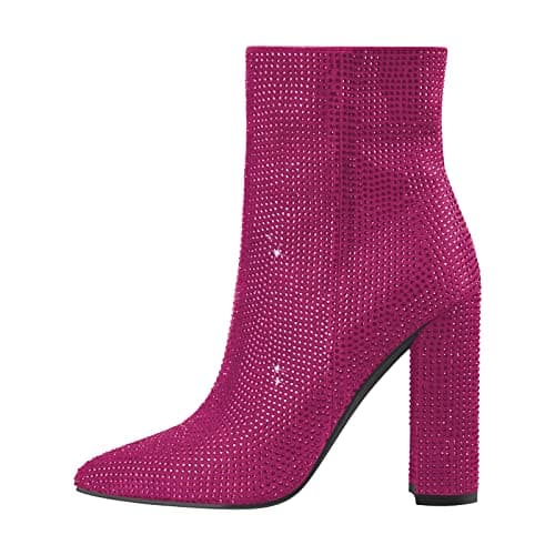 Richealnana Women's Rhinestone Block Heel Knee-High Boots — Rose Red-short