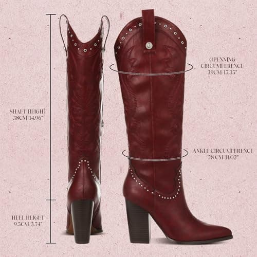 VOMIRA Women's Pointed Toe Chunky Heel Embroidered Knee High Cowboy Boots