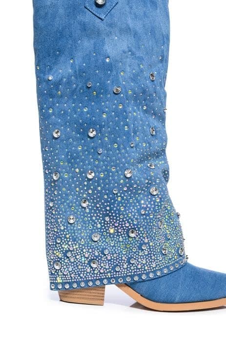 Sexyluxe Women's Sparkly Rhinestone Cowboy Bootie Knee High Jean Boots