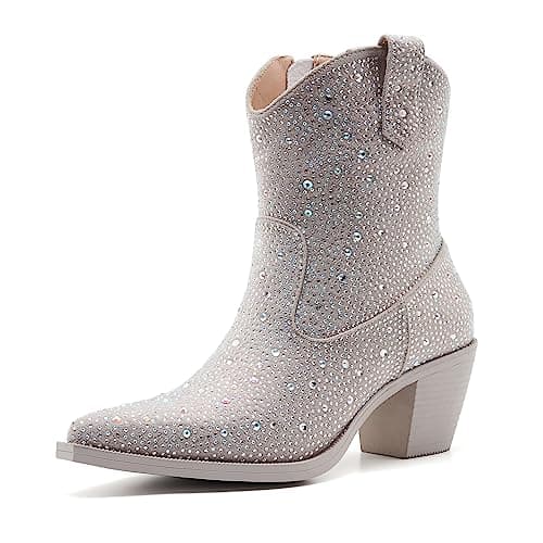 ZXHYZLZ Women's Sparkling Rhinestone Cowboy Boots High Heel Pointed Toe — Grey