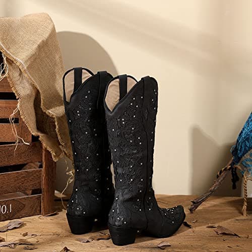 SaraIris Black Cowgirl Booties for Women Knee High Rhinestones
