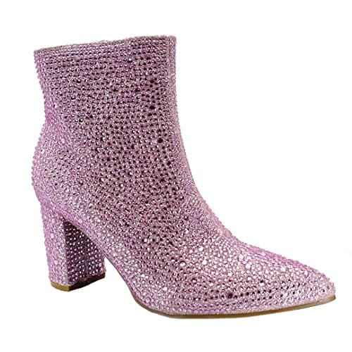 ABSOLEX Women's Pointed Toe Rhinestone Ankle Booties Heel — Pink