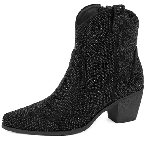 MissMiller Women's Sparkly Rhinestone Mid-Calf Cowboy Boots with Pull-On Tabs — Ankle Rhinestone Black