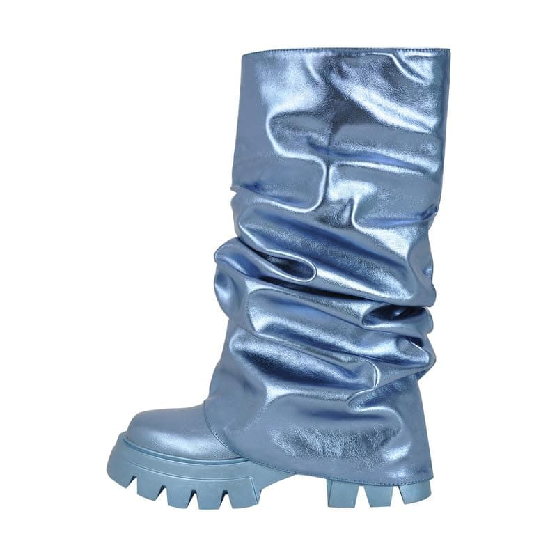Sexytag Women's Metallic Slouchy Foldover Platform Round Toe Boots — Blue-mid Calf