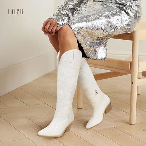 IDIFU IN3 Sparkly Glitter Boots for Women Knee High Wedding Party