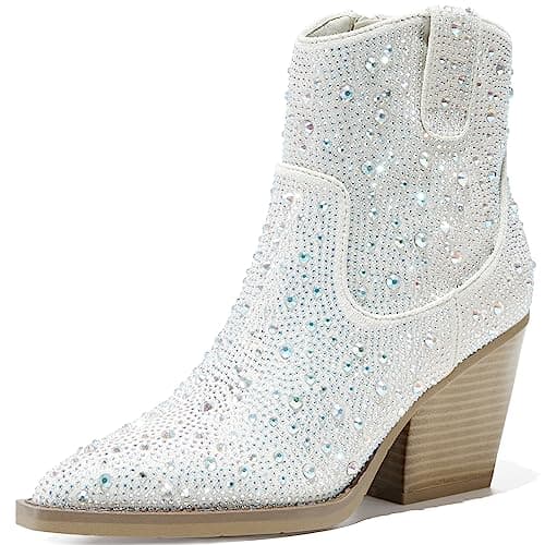 Rhinestone Boots for Women - Sparkly Cowboy Booties with Chunky Block Heel, Pearl Detail, and Pointed Toe — White