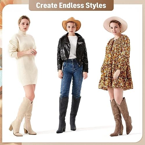 Putu Women's Knee High Faux Leather Pointed Toe Western Heel Boots