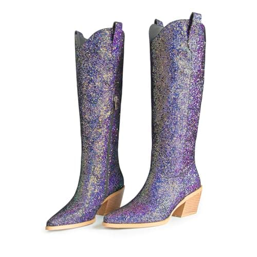 Gothictor Sparkly Knee High Cowboy Boots for Women
