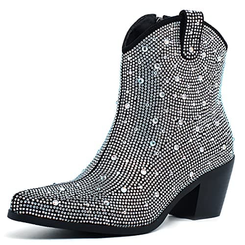 FIFSY Women's Glitter Rhinestone Chunky Heel Ankle Boots… — Black-s1