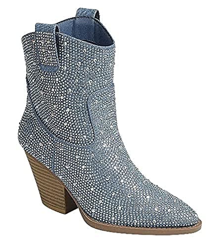 Forever Women's Rhinestone Mid-Calf Knee High Ankle Booties — Blue Denim Rhinestone